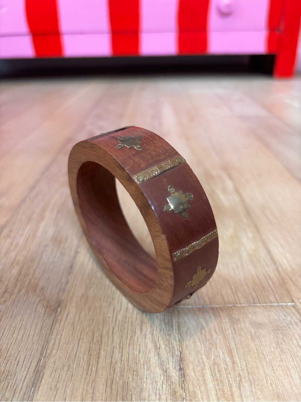 Vintage Wooden Bangle Bracelet Brass Inlay Wide Boho Artisan Statement Cuff